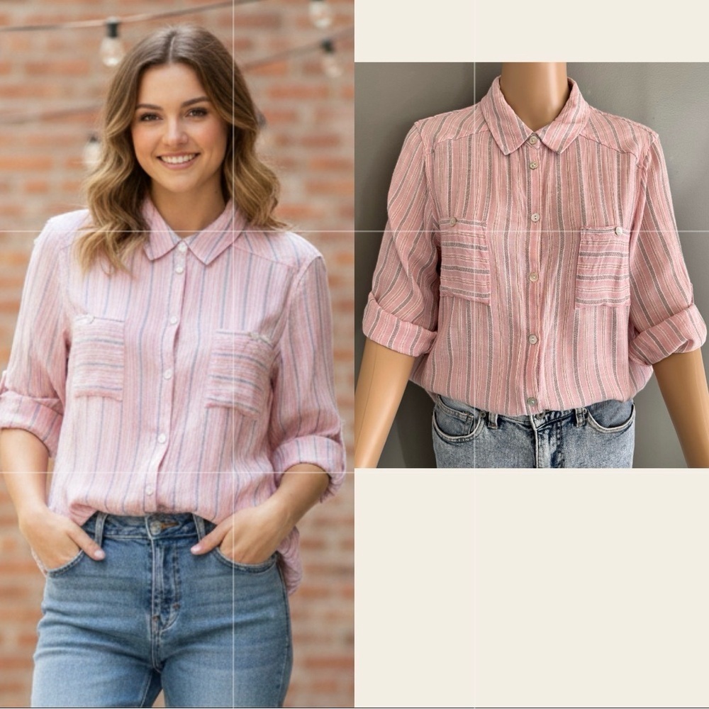 Vintage Grenier Stripes Minimalist Pink 3/4 Sleeves Button Down Shirt Large
